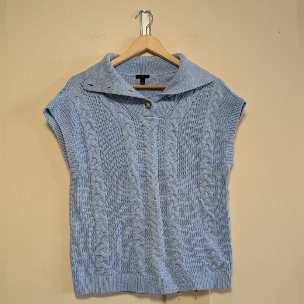 Talbots Petite Blue Cable Knit Sleeveless Sweater MP Boxy Collared